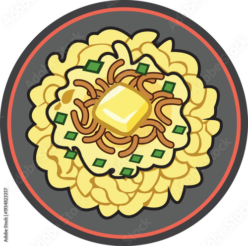 buttered scrambled eggs with noodles and chives on plate illustration