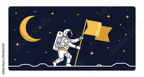 Astronaut on Moon Surface Planting Flag Illustration in Flat Line Art Style