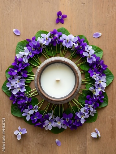 Elegant scented candle adorned with fresh violets in an overhead layout