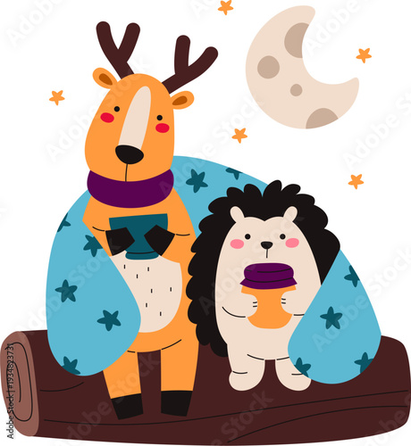 Deer And Hedgehog Drinking Tea on Log