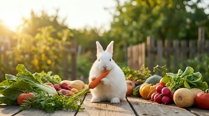 White rabbit eating fresh carrot surrounded by colorful organic vegetables on wooden table in sunny garden setting for healthy lifestyle concepts.