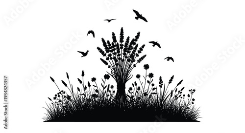 Black floral landscape with flying birds a striking silhouette
