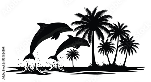 Tropical scene with jumping dolphins and palm trees silhouette