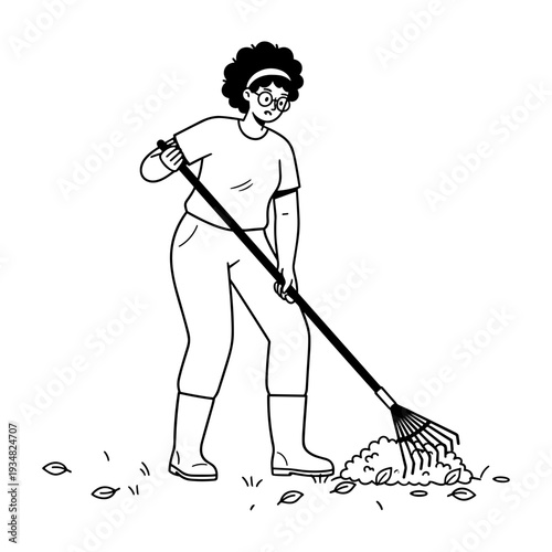 Hand drawn illustration of a woman raking autumn leaves in a garden