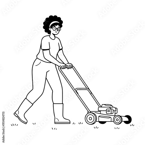 Woman pushing a lawnmower, doing yard work, hand drawn style illustration
