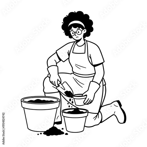 Hand drawn illustration of a gardener potting plants with soil and trowel