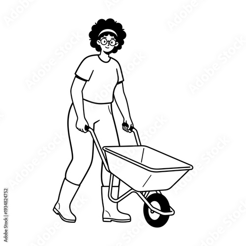 Black and white doodle illustration of a woman pushing an empty wheelbarrow for gardening.