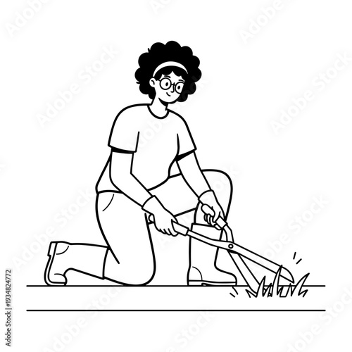 Hand drawn style illustration of a woman trimming grass with gardening shears.