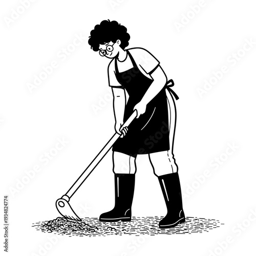 Hand drawn illustration of a person hoeing soil in a garden, preparing land for cultivation.