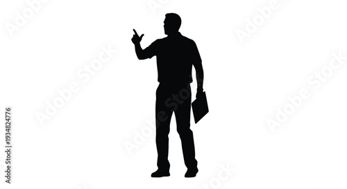A man gesturing with a briefcase in a stark silhouette
