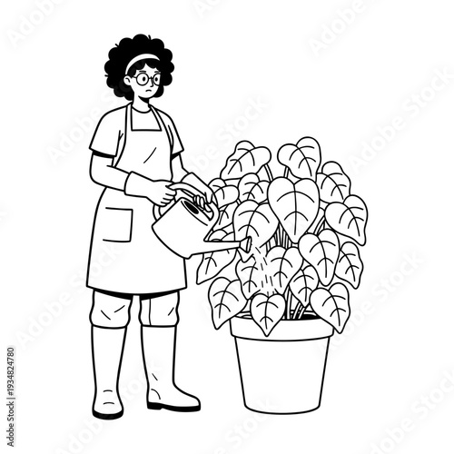 Hand drawn illustration of a woman in an apron watering a potted houseplant