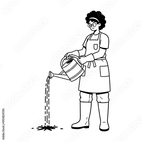 Hand drawn doodle illustration of a person watering plants with a can