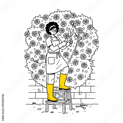 Hand drawn style illustration of a woman gardener pruning rose bushes in a backyard.