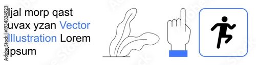 User interface, action gesture, fitness concept, digital design, nature theme, direction. Features hand pointing upward, stylized plant running figure icon. Action gesture and fitness concepts