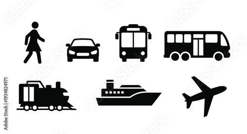 Transportation icons in black cars buses trains ships and planes silhouette