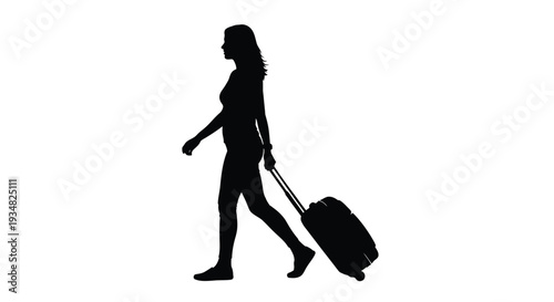 Woman walking with rolling luggage a striking black silhouette