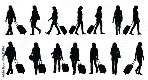 Diverse group of people walking with luggage black silhouette