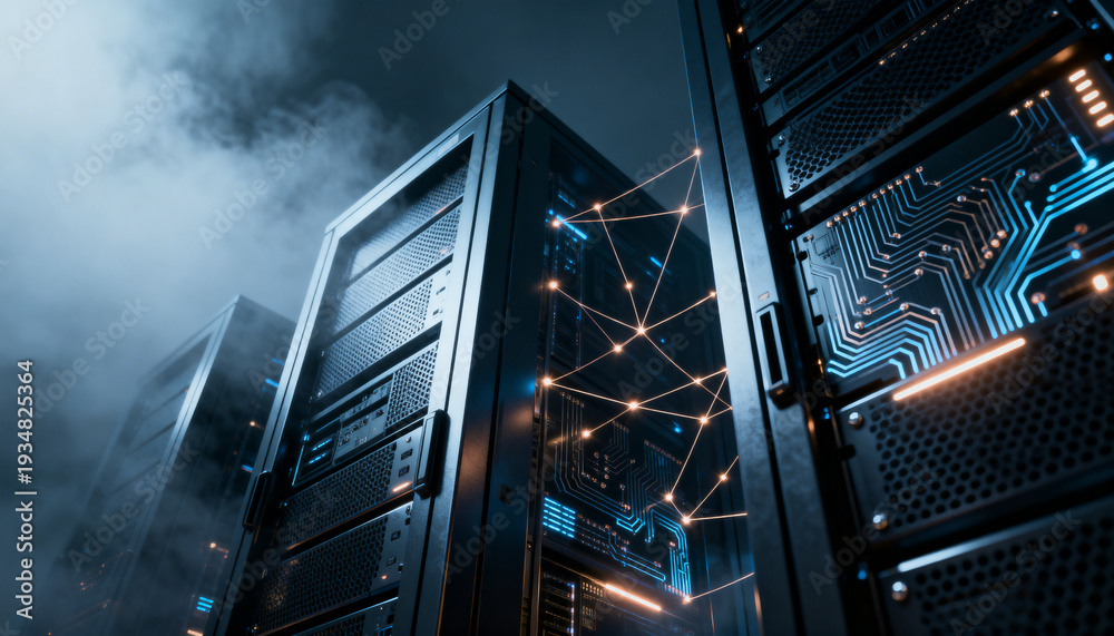 Naklejka premium AI powered cybersecurity protecting cloud storage servers with neural network technology, intelligent encryption and advanced digital data defense concept