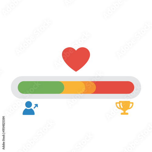 This vector illustrates a progress bar tracking a user's journey towards a trophy, with a heart symbolizing effort or reward, through distinct color-coded stages.