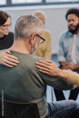 Therapy support group comforting a sad man as friends place a hand on his shoulder. Concept of empathy, mental health care, trust and emotional recovery through community support.