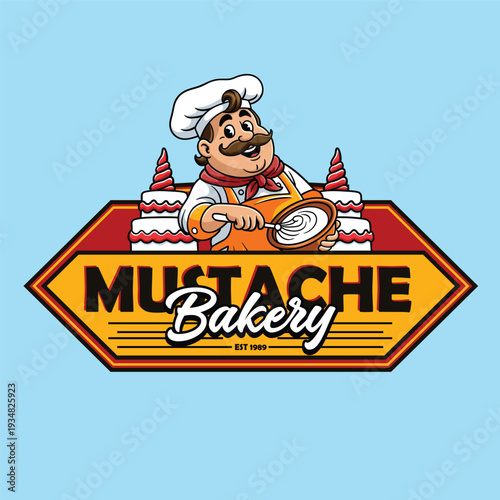 Detailed retro mascot of a bearded chef mixing cake dough for Mustache Bakery and pastry shop