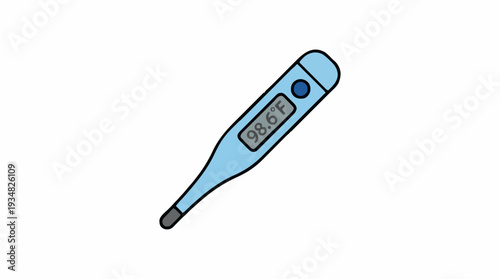 Blue Digital Thermometer Displays 98.6 Degrees Fahrenheit on White Background Medical Tool for Temperature Measurement