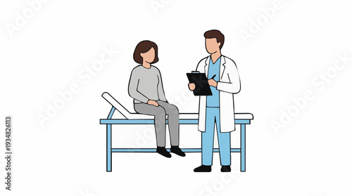 Medical Consultation Doctor and Patient Discussing Health Issues Sitting on Examination Table in Clinic Brightly Lit Room with White Background