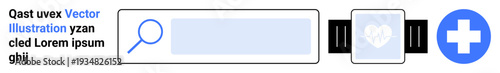 Healthcare technology, digital search, smart wearables, telemedicine, medical services, information lookup. A search bar, smartwatch with heart icon and medical cross symbol. Healthcare technology