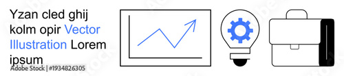 Business strategy, innovation, progress tracking, corporate planning, professional tools, financial growth. Chart with upward trend, gear in lightbulb and briefcase graphic. Business strategy