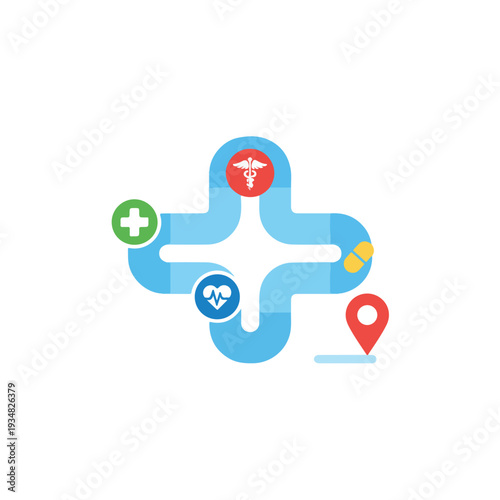A stylized blue cross illustrates interconnected healthcare services with icons for first aid, Caduceus, medication, heart health, and location.