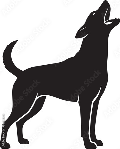 Silhouette of a dog howling at the moon in a minimalist style, vector illustration