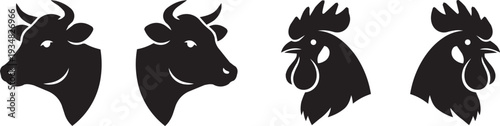 Stylized black silhouettes of a cow and a rooster head, representing farm animals and agriculture