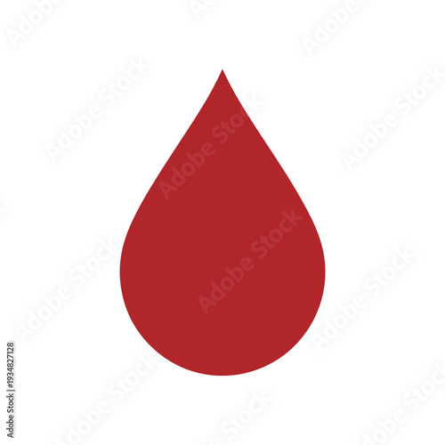 A minimalist vector illustration features a single, solid red teardrop or blood drop shape centered on a plain white background.