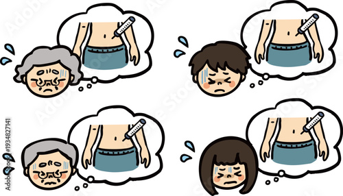 お腹への注射を怖がる人たちのイラストセット