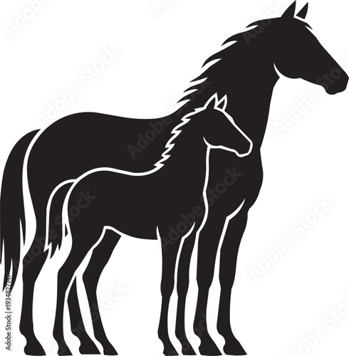 Elegant silhouette of a mother horse and foal standing together, symbolizing family and heritage.