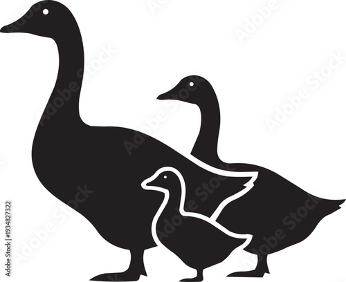 Family of geese silhouettes, including goslings, walking together, representing unity and nature.