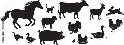 Diverse collection of farm animal silhouettes in a harmonious grouping, ideal for agricultural themes.