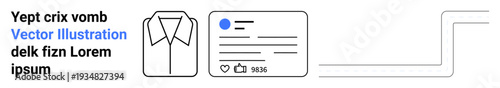 Social media, user profiles, identity verification, online interaction, digital design, branding. Illustration shows a folded shirt, profile card with details thumbs ups and connections. Social