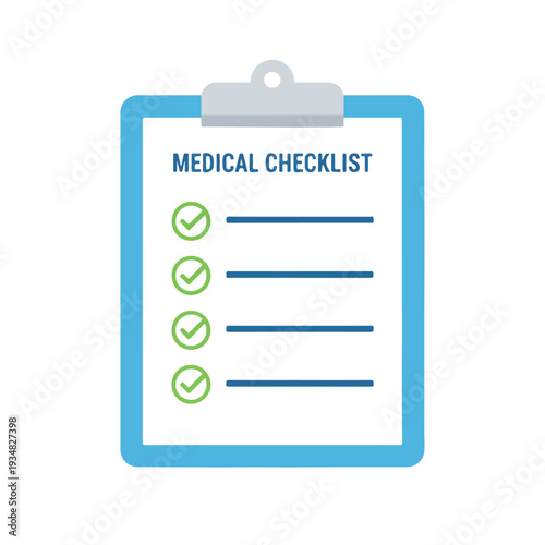 A simple vector illustration depicts a blue clipboard with a white paper displaying a "MEDICAL CHECKLIST" and four checked items.