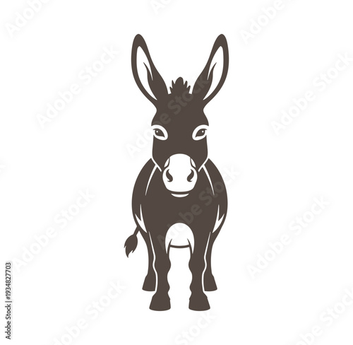 Brown donkey standing alone looking forward on white background