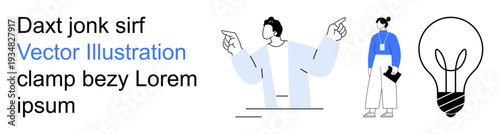 Business discussions, teamwork, creativity, brainstorming, idea generation, leadership. Two figures pointing and discussing near a light bulb graphic. Creativity and teamwork concept