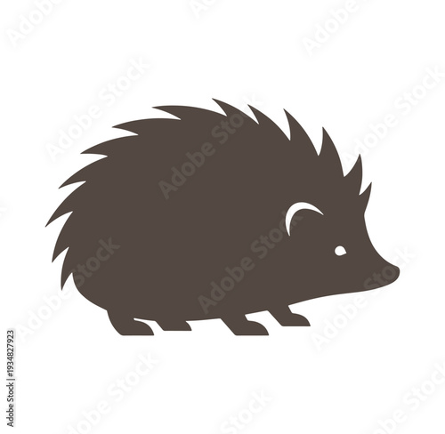 Brown hedgehog silhouette with spiky quills and cute face walking on white background