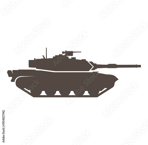 Brown military tank silhouette with long gun barrel and treads isolated on white background