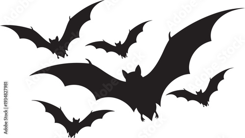 A group of black bat silhouettes flying and fluttering against a white background. Halloween theme, vector illustration.