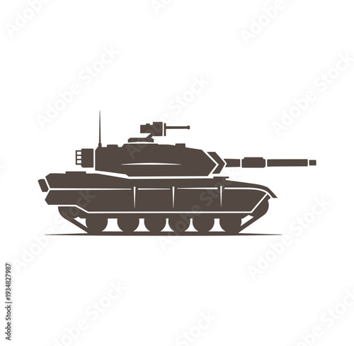 Brown military tank with long gun barrel on white background