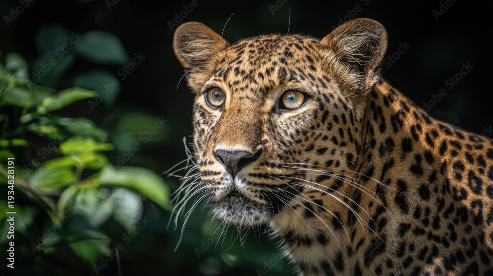 Obraz premium Intensely Focused Leopard's Spotted Coat and Piercing Green Eyes Up Close Amidst Lush Greenery