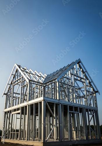 Steel structure residence stands against a pure blue gradient sky