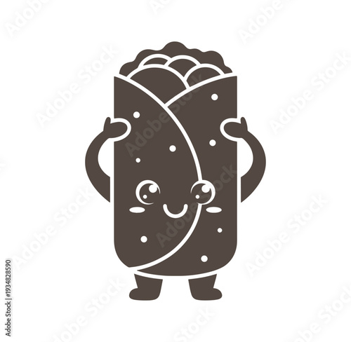 cute cartoon burrito with smiling face and arms up in a friendly gesture standing alone