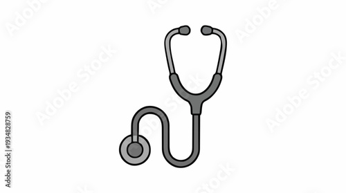 A simple grey stethoscope rests on a plain white background in a studio setting representing medical care and diagnostics