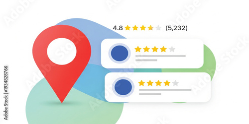 Customer Review Rating and Location Feedback Concept with Map Pin Icon, Five Star Evaluation System, and User Experience Reputation Management Illustration